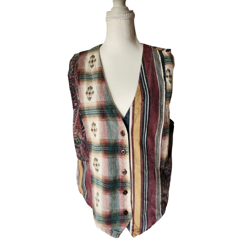 Vintage 90s D.A.K. Patchwork Vest Southwestern Boho Plaid Stripes Art to Wear M